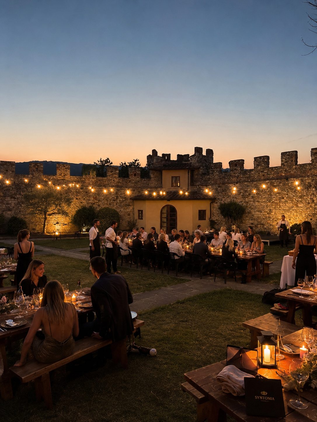 Castello Syntonia, cena nel cortile al tramonto