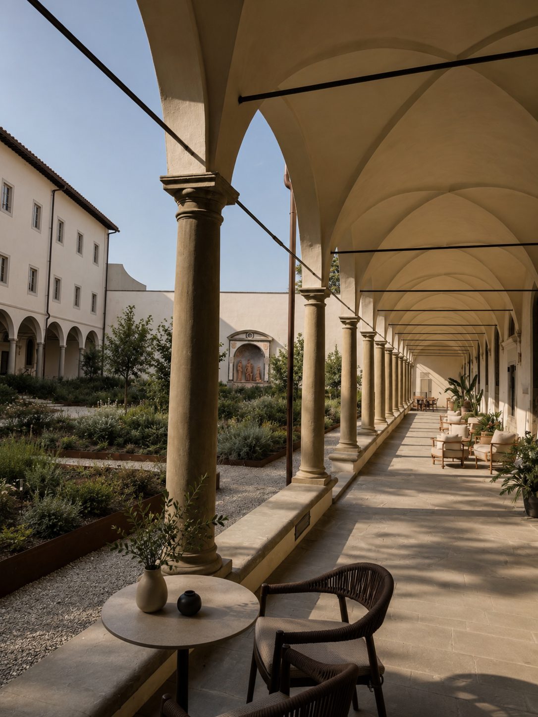Chiostro Syntonia, colonnato affacciato sul giardino