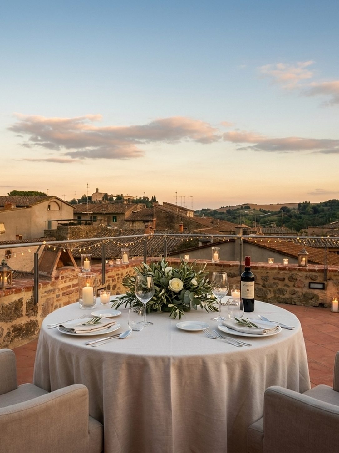 Torre Syntonia, cena in terrazza al tramonto sui tetti del borgo